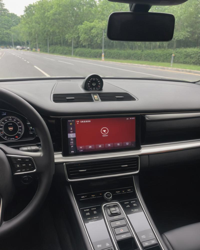 07724-1887709945-the interior of a luxurious car, possibly a Porsche, given the branding on the dashboard. The car is parked on a street with a c.png